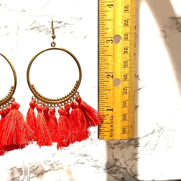 New Boho Red & Gold Tone Hoop Tassel Earrings - Picture 4 of 5